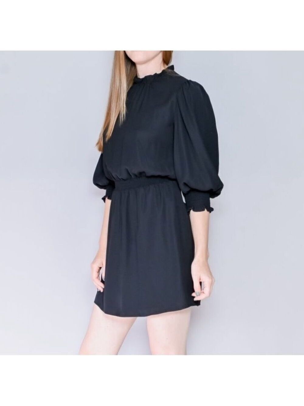 Amanda Uprichard Vista Smocked Ruffle Long Sleeve Mini Dress Black size small
